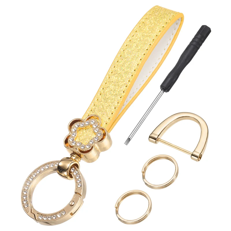 Leather Wristlet Keychain, 5.5" Car Key Chain with Key Ring and D Ring, Yellow