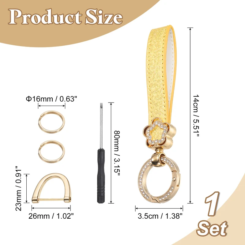 Leather Wristlet Keychain, 5.5" Car Key Chain with Key Ring and D Ring, Yellow
