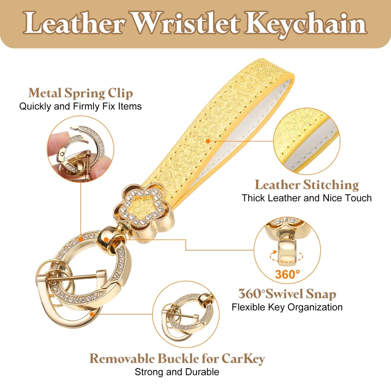 Leather Wristlet Keychain, 5.5" Car Key Chain with Key Ring and D Ring, Yellow