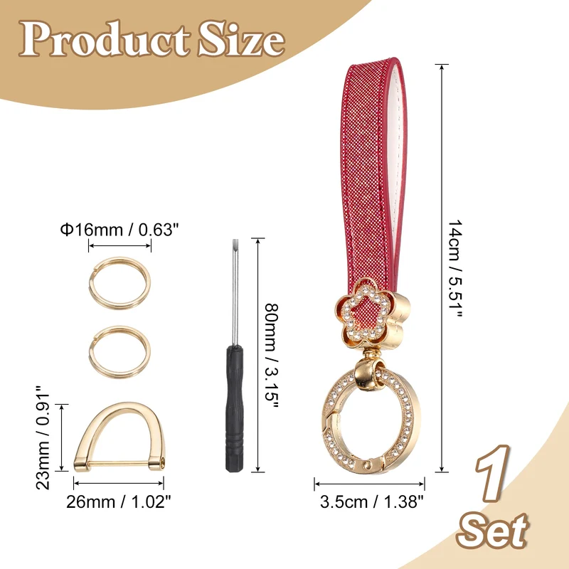 Leather Wristlet Keychain, 5.5" Car Key Chain with Key Ring and D Ring, Red