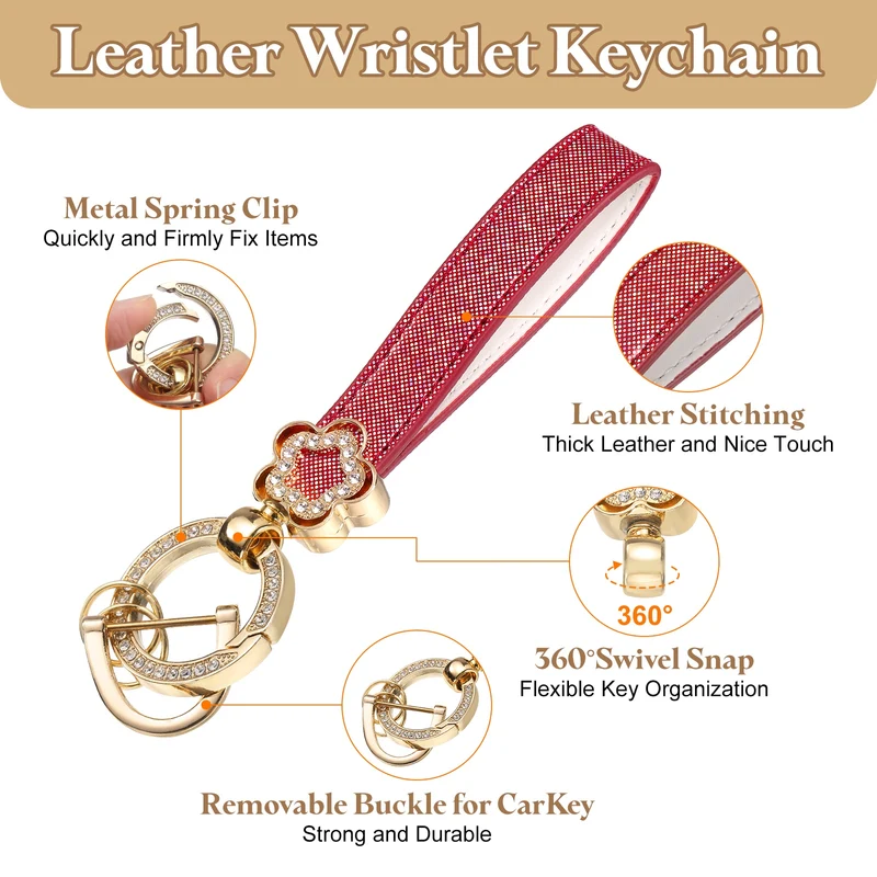 Leather Wristlet Keychain, 5.5" Car Key Chain with Key Ring and D Ring, Red