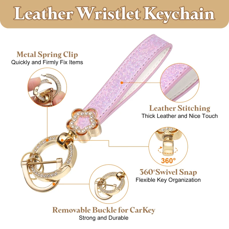 Leather Wristlet Keychain, 5.5" Car Key Chain with Key Ring and D Ring, Purple