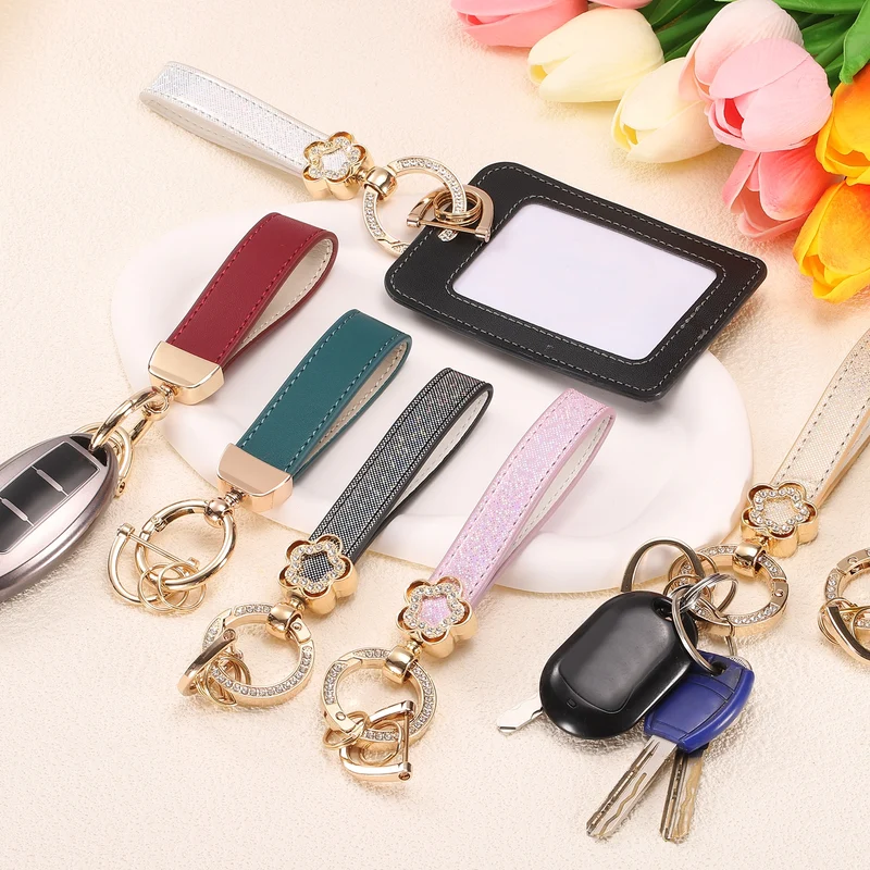 Leather Wristlet Keychain, 5.5" Car Key Chain with Key Ring and D Ring, Purple