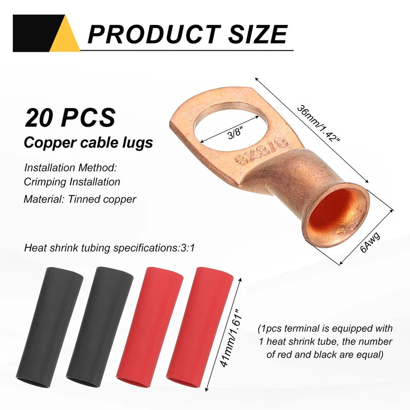 20 Pcs 3/8" Stud 6AWG Battery Cable End with 20pcs 3:1 Heat Shrink, Gold