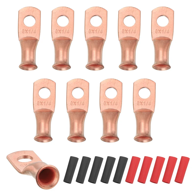 10 Pcs 1/4" Stud 6AWG Battery Cable End with 10pcs 3:1 Heat Shrink, Gold