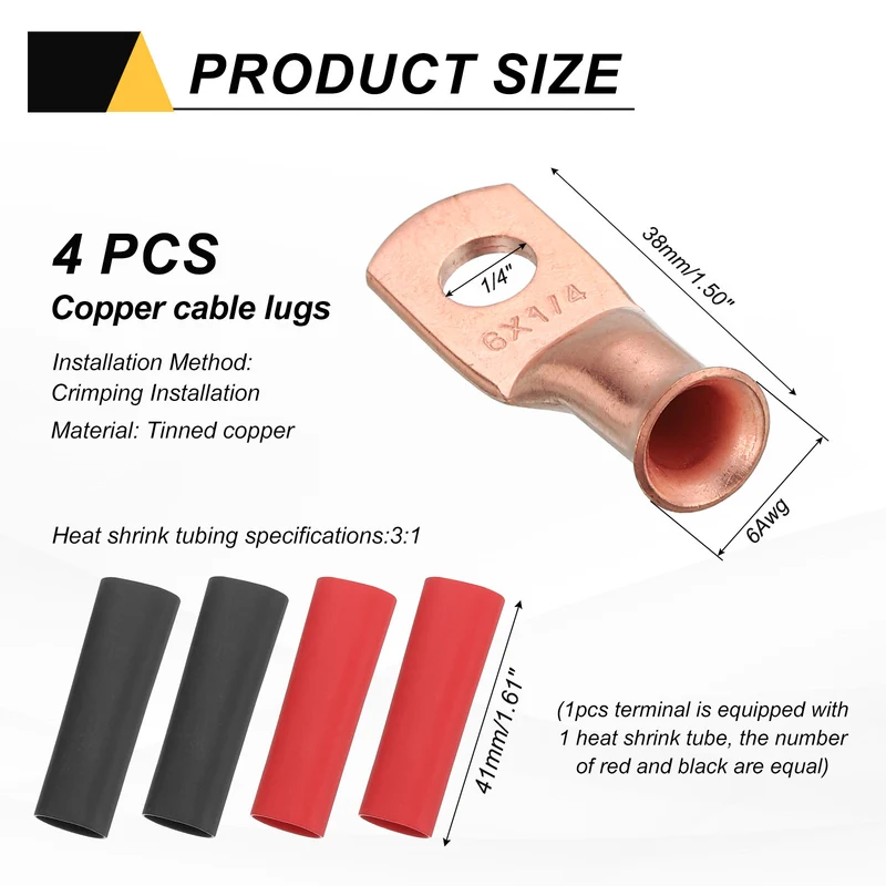 4 Pcs 1/4" Stud 6AWG Battery Cable End with 4pcs 3:1 Heat Shrink, Gold