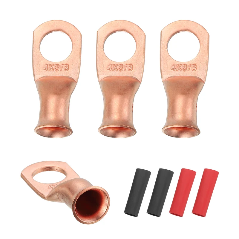 4 Pcs 3/8" Stud 4AWG Battery Cable End with 4pcs 3:1 Heat Shrink, Gold