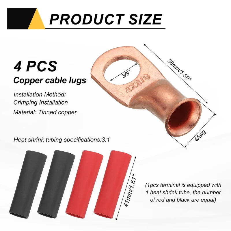 4 Pcs 3/8" Stud 4AWG Battery Cable End with 4pcs 3:1 Heat Shrink, Gold
