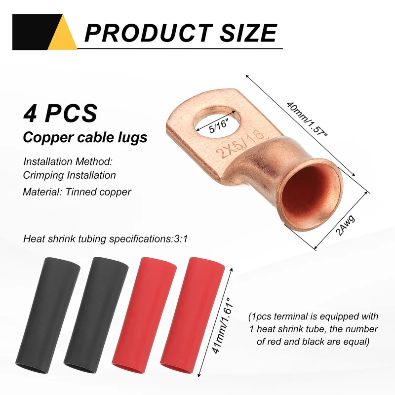 4 Pcs 5/16" Stud 2AWG Battery Cable End with 4pcs 3:1 Heat Shrink, Gold