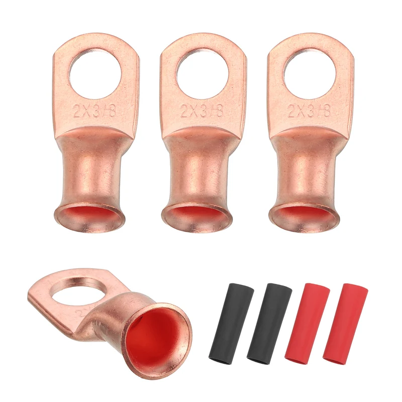4 Pcs 3/8" Stud 2AWG Battery Cable End with 4pcs 3:1 Heat Shrink, Gold