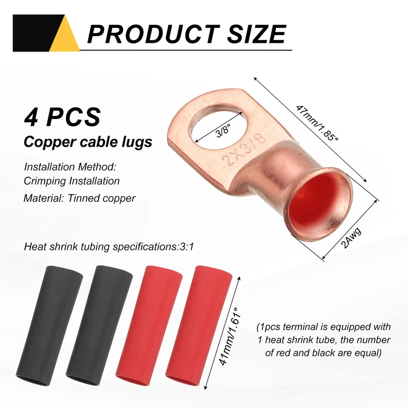 4 Pcs 3/8" Stud 2AWG Battery Cable End with 4pcs 3:1 Heat Shrink, Gold