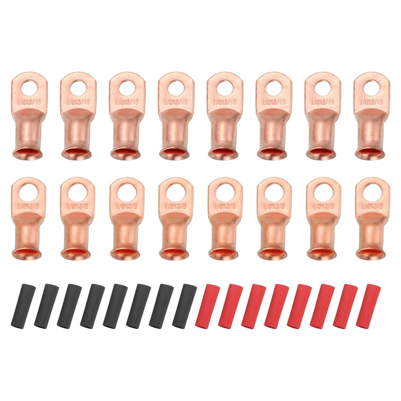 16 Pcs 3/8" Stud 1/0AWG Battery Cable End with 16pcs 3:1 Heat Shrink, Gold