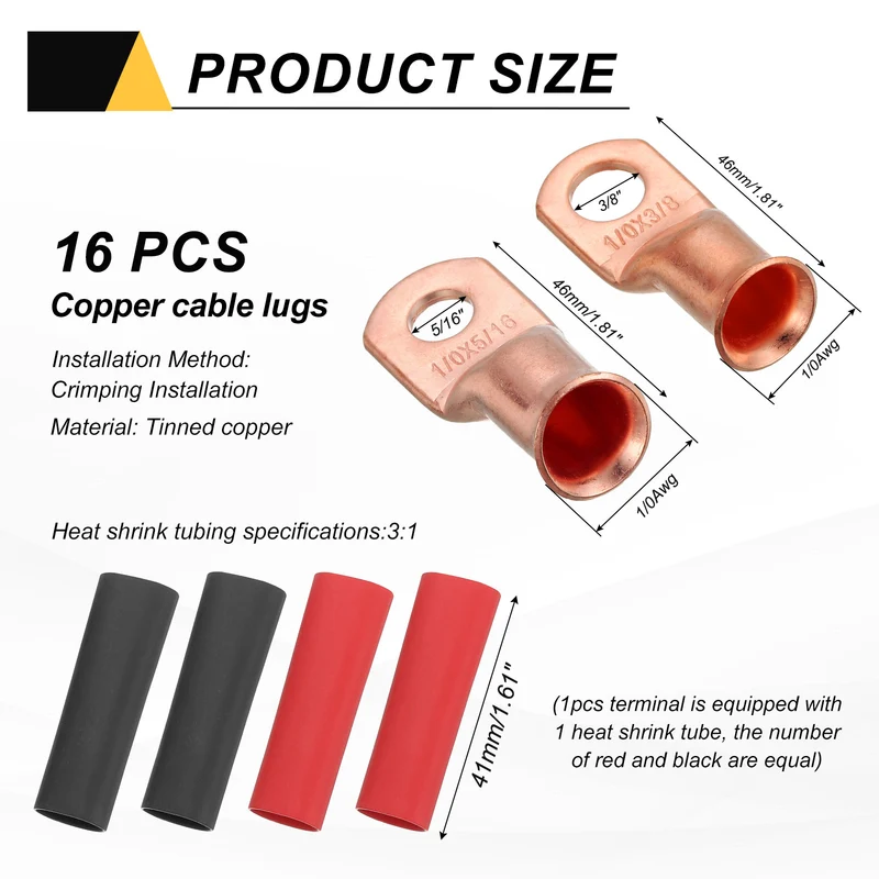 16 Pcs 3/8" Stud 1/0AWG Battery Cable End with 16pcs 3:1 Heat Shrink, Gold