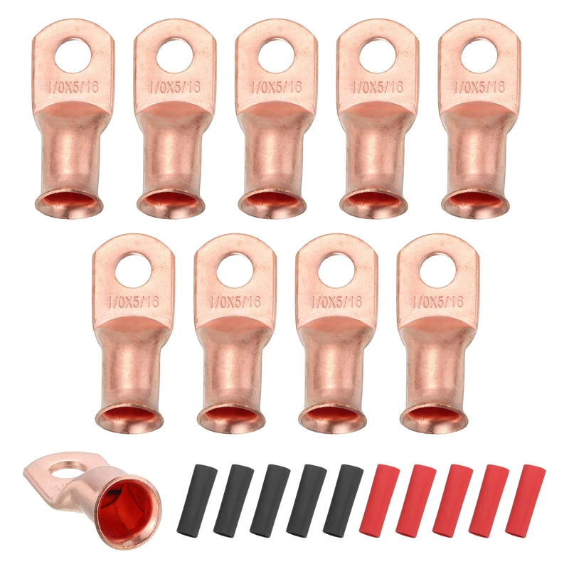 10 Pcs 5/16" Stud 1/0AWG Battery Cable End with 10pcs 3:1 Heat Shrink, Gold