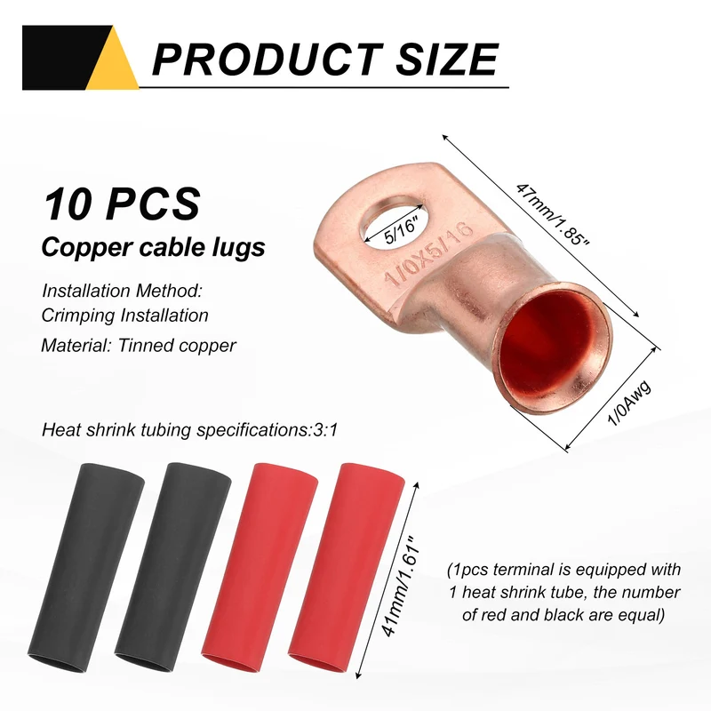10 Pcs 5/16" Stud 1/0AWG Battery Cable End with 10pcs 3:1 Heat Shrink, Gold