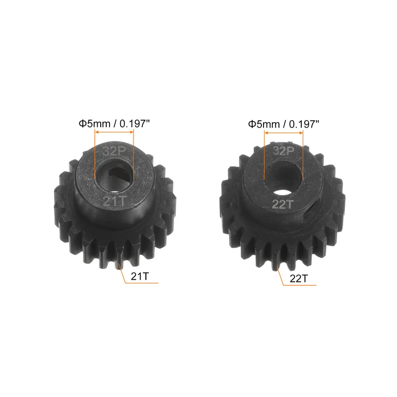 32P Hardened Pinion Motor Gear Set 2pcs 21T 22T Fit 5mm RC Motor Shaft 0.8 Metric Pitch 32 Pitch Gears for RC Car, with Hex Key