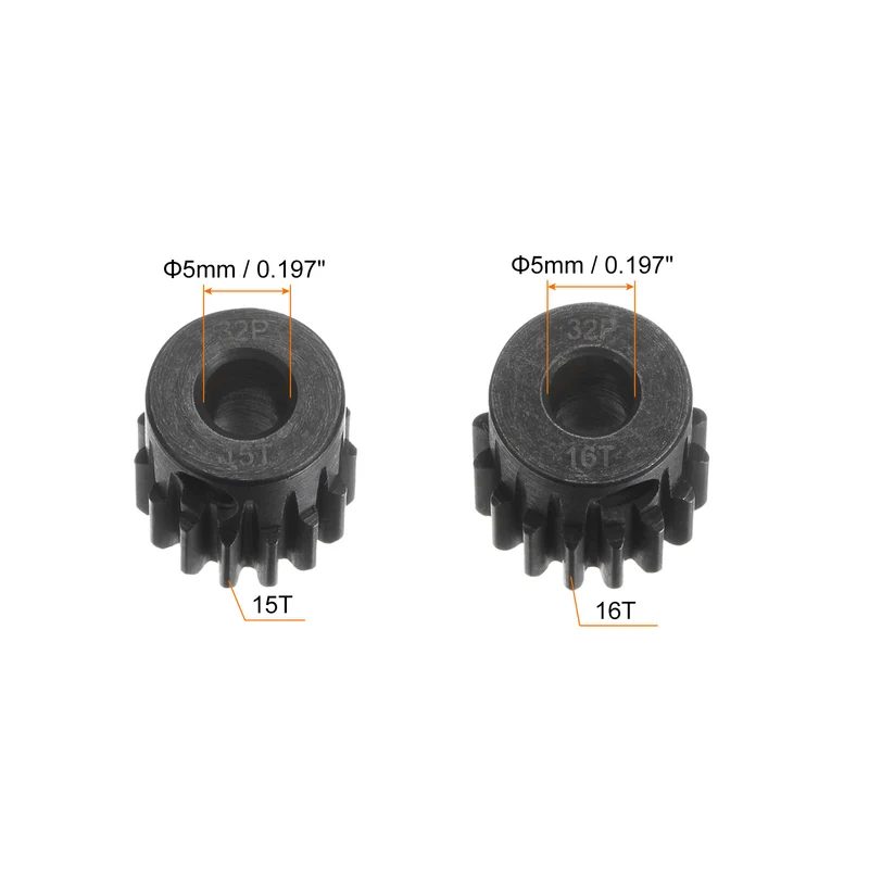 32P Hardened Pinion Motor Gear Set 5pcs 15T 16T Fit 5mm RC Motor Shaft 0.8 Metric Pitch 32 Pitch Gears for RC Car, with Hex Key