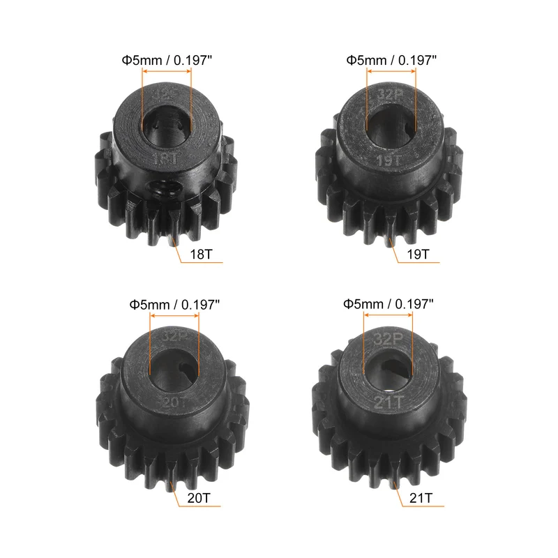 32P Hardened Pinion Motor Gear Set 4pcs 18T 19T 20T 21T Fit 5mm RC Motor Shaft 0.8 Metric Pitch 32 Pitch Gears for RC Car, with Hex Key