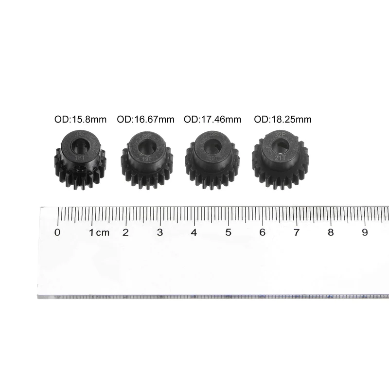 32P Hardened Pinion Motor Gear Set 4pcs 18T 19T 20T 21T Fit 5mm RC Motor Shaft 0.8 Metric Pitch 32 Pitch Gears for RC Car, with Hex Key
