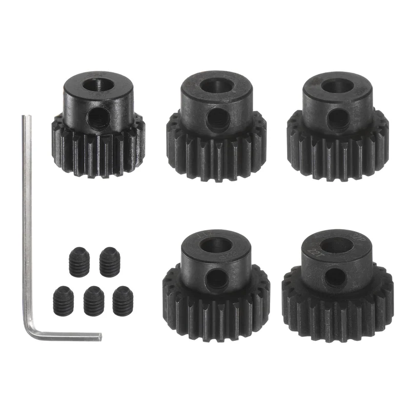 32P Hardened Pinion Motor Gear Set 5pcs 18T 19T 20T 21T 22T Fit 5mm RC Motor Shaft 0.8 Metric Pitch 32 Pitch Gears for RC Car, with Hex Key