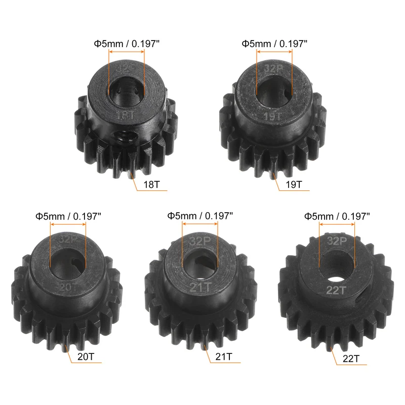 32P Hardened Pinion Motor Gear Set 5pcs 18T 19T 20T 21T 22T Fit 5mm RC Motor Shaft 0.8 Metric Pitch 32 Pitch Gears for RC Car, with Hex Key