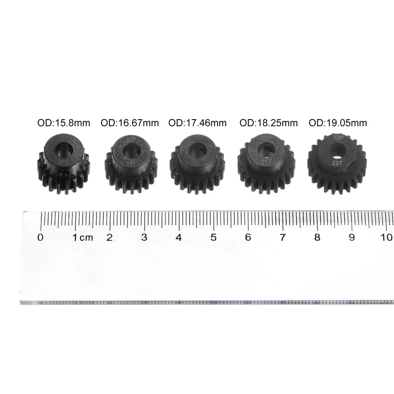32P Hardened Pinion Motor Gear Set 5pcs 18T 19T 20T 21T 22T Fit 5mm RC Motor Shaft 0.8 Metric Pitch 32 Pitch Gears for RC Car, with Hex Key