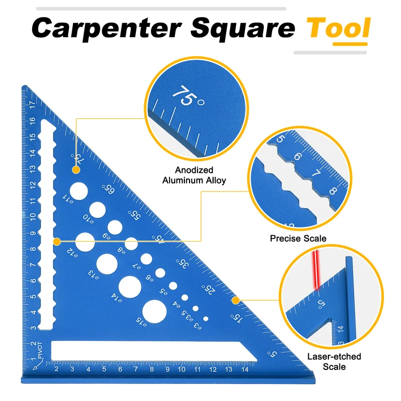 Metal Square Metric 7" Carpenter Square Tool Aluminum Rafter Square, Blue
