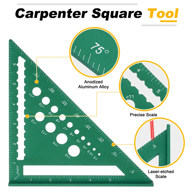 Metal Square Imperial 7" Carpenter Square Tool Aluminum Rafter Square, Green