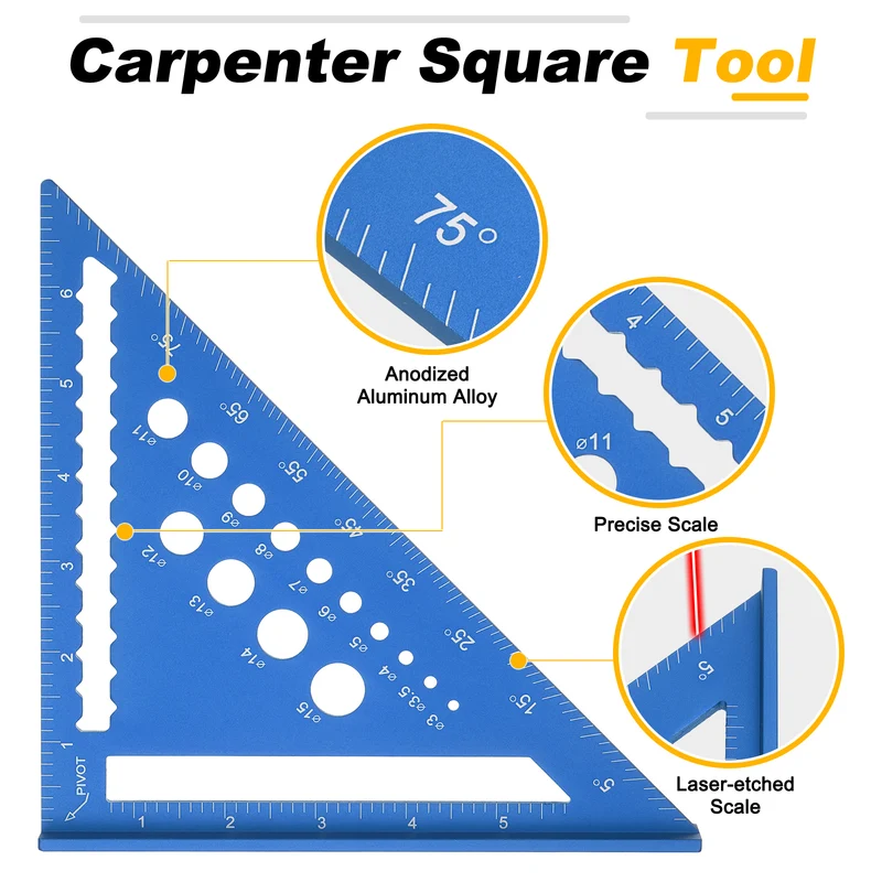 Metal Square Imperial 7" Carpenter Square Tool Aluminum Rafter Square, Blue