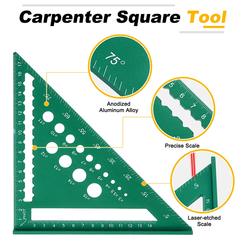 Metal Square Metric 7" Carpenter Square Tool Aluminum Rafter Square, Green