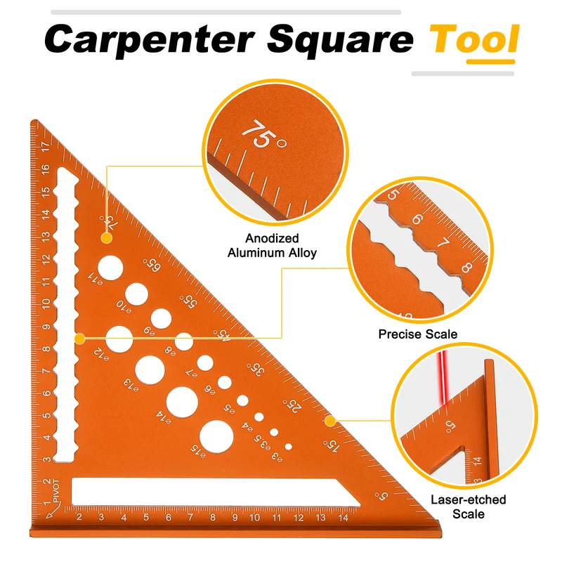 Metal Square Metric 7" Carpenter Square Tool Aluminum Rafter Square, Orange