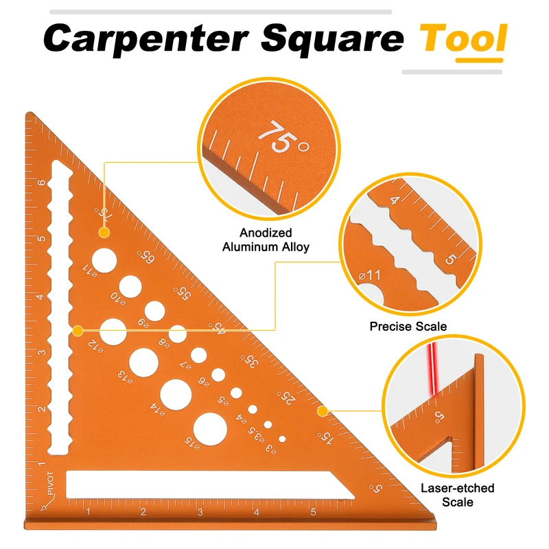 Metal Square Imperial 7" Carpenter Square Tool Aluminum Rafter Square, Orange