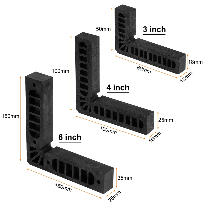 6pcs 90 Degree Positioning Squares 3"/4"/6" Right Angle Corner Clamps, Black