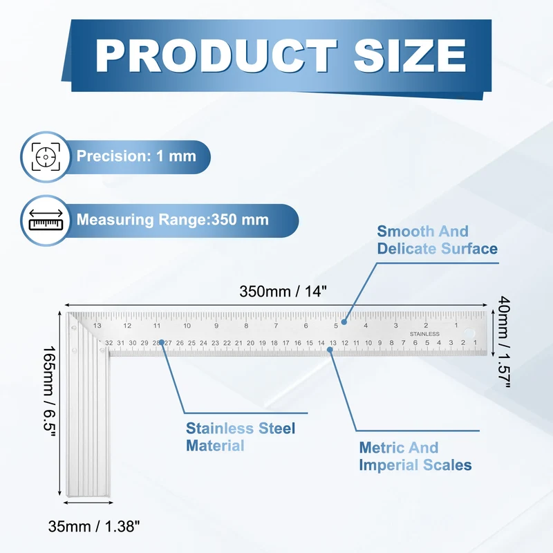 14" Woodworking Square Ruler Stainless Steel Try Square with Alloy Handle
