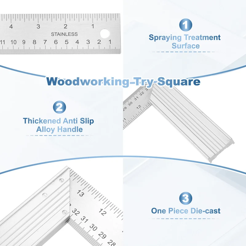 14" Woodworking Square Ruler Stainless Steel Try Square with Alloy Handle