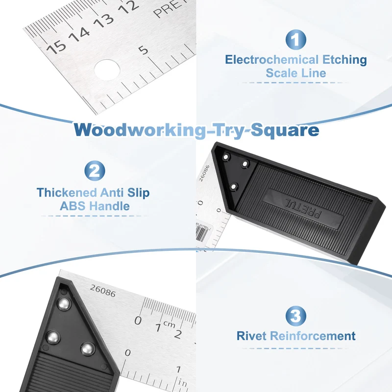 6 Inch Stainless Steel Woodworking Square Ruler, Silver Black