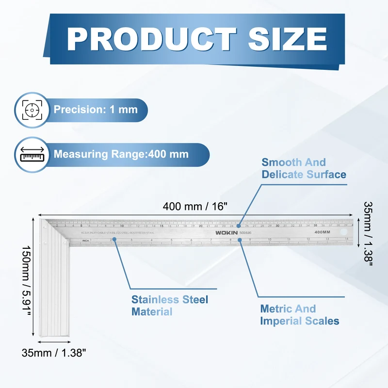 16" Woodworking Square Ruler Stainless Steel Try Square with Alloy Handle