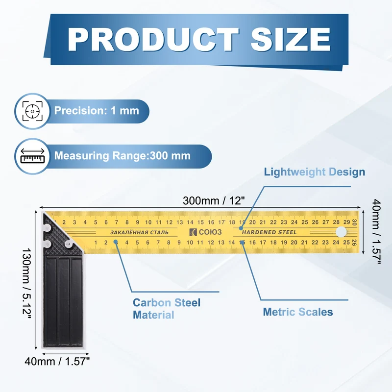 12 Inch Woodworking Square Ruler Metal Metric Try Square, Yellow Black