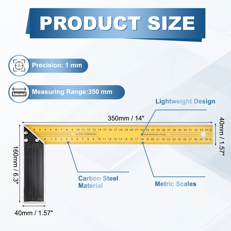 14 Inch Woodworking Square Ruler Metal Metric Try Square, Yellow Black
