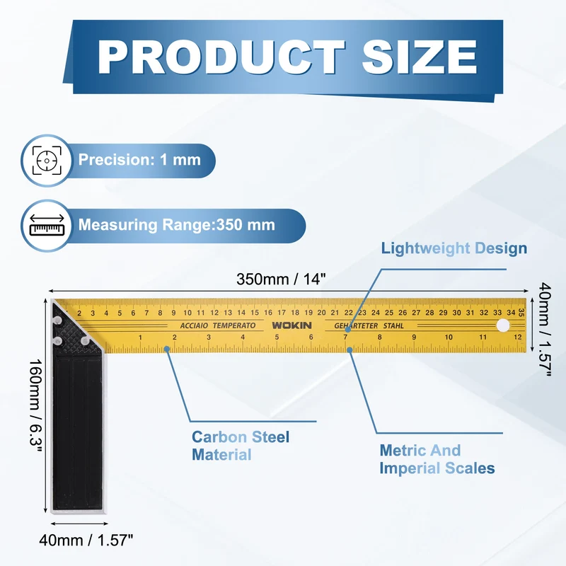 14 Inch Woodworking Square Ruler Metal Try Square, Yellow Black