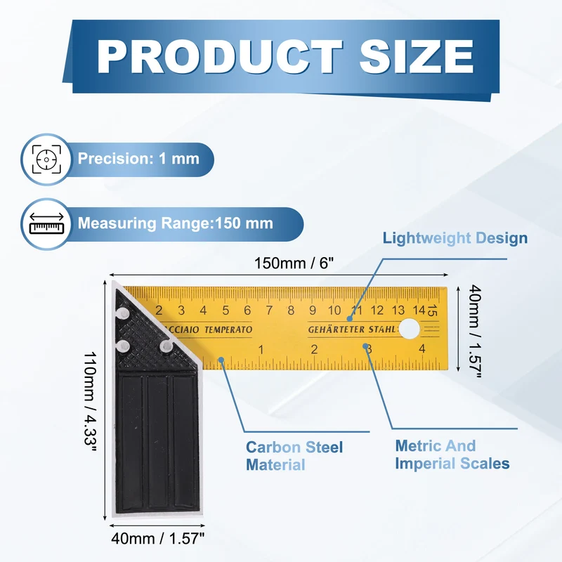 6 Inch Woodworking Square Ruler Metal Try Square, Yellow Black