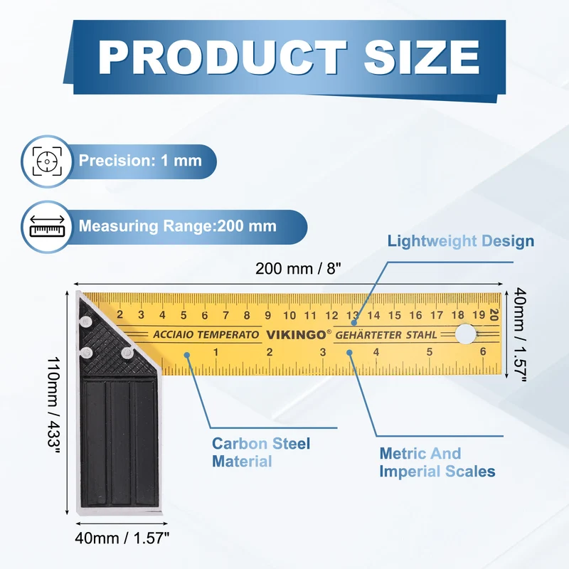 8 Inch Woodworking Square Ruler Metal Try Square, Yellow Black