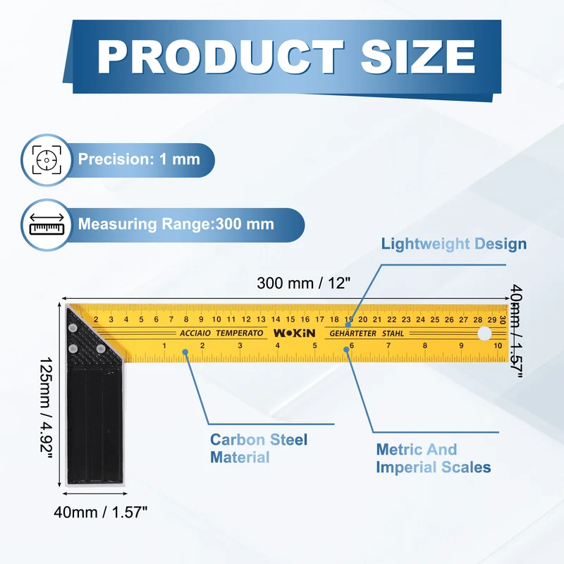 12 Inch Woodworking Square Ruler Metal Try Square, Yellow Black