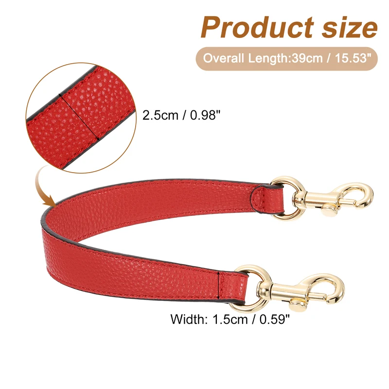15.53 Inch PU Leather Short Bag Strap with Clasp, Red, Gold Buckle