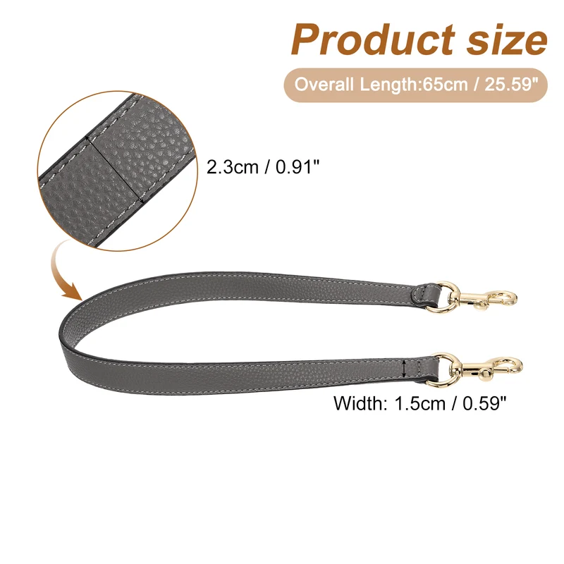 25.59 Inch PU Leather Short Bag Strap with Clasp, Grey, Gold Buckle