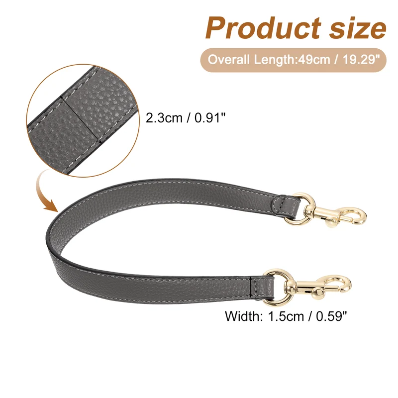 19.29 Inch PU Leather Short Bag Strap with Clasp, Grey, Gold Buckle