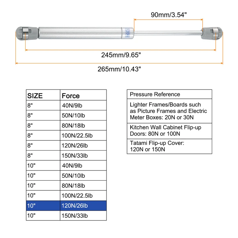10 Inch 120N/26lb Gas Shock Strut Lift Support, (Silver, Set of 10)