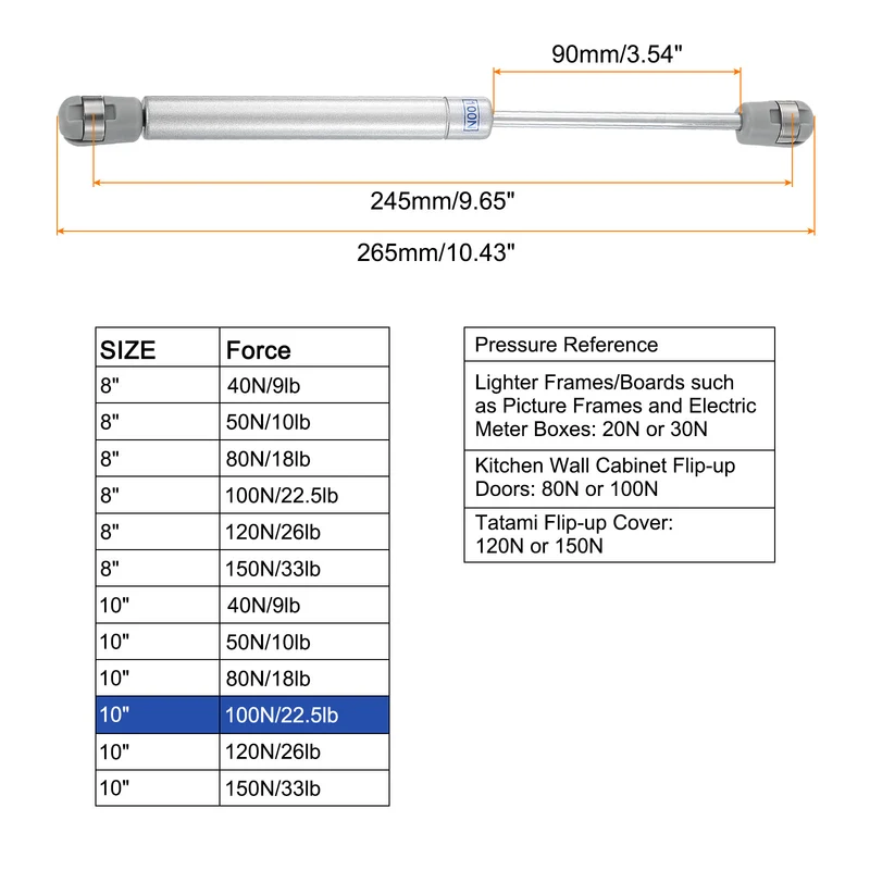 10 Inch 100N/22.5lb Gas Shock Strut Lift Support, (Silver, Set of 10)