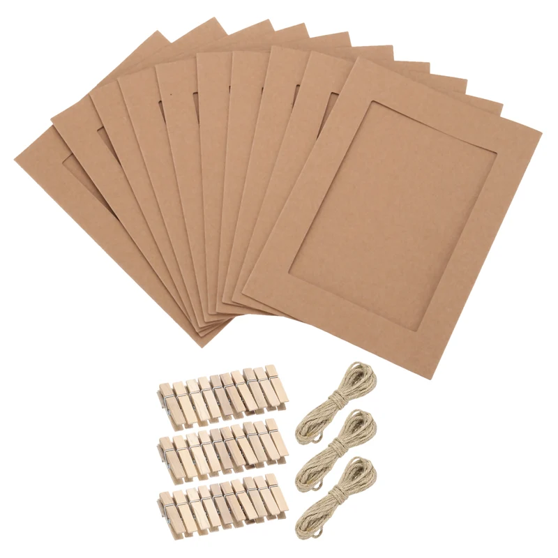 30PCS Paper Photo Frame, 7 x 5 Inch Cardboard Picture Frames with Clips & Strings DIY Photo Hanging Display for Home Office Decor, Brown