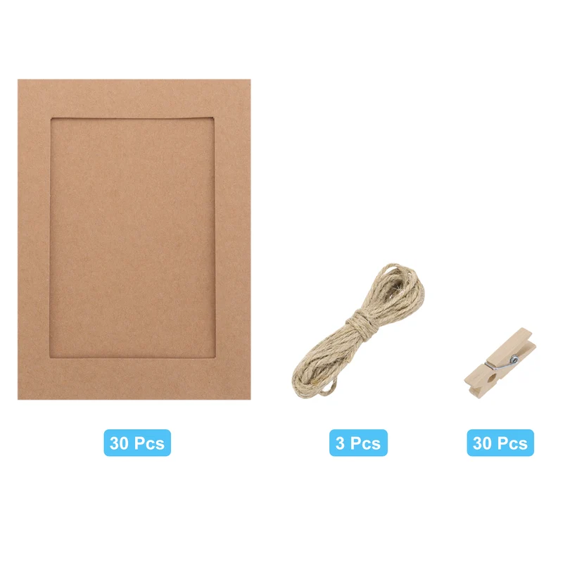 30PCS Paper Photo Frame, 7 x 5 Inch Cardboard Picture Frames with Clips & Strings DIY Photo Hanging Display for Home Office Decor, Brown
